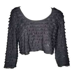 Black Cropped Ruffle Sequin Long-Sleeve Top Size Large